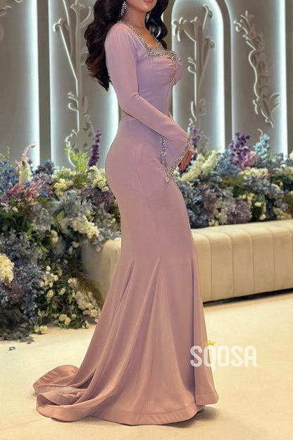 Sheath Square Beaded Lilac Long Sleeves Prom Dress Evening Gowns QP3164