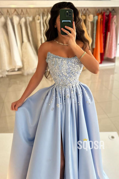 A-Line Beaded Strapless Blue Satin Long Prom Dress With Slit Evening Gowns QP3165