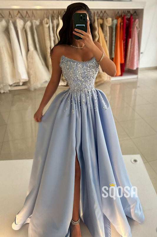 A-Line Beaded Strapless Blue Satin Long Prom Dress With Slit Evening Gowns QP3165