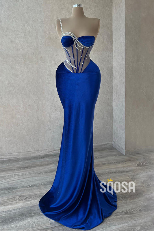 Velvet Sheath One Shoulder Beaded Illusion Long Prom Dress Evening Gowns QP3166