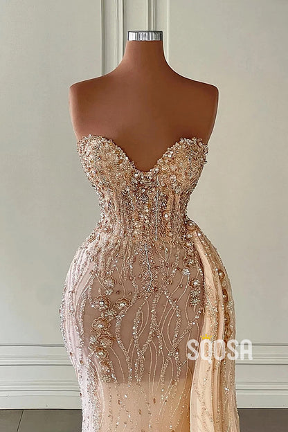 Luxurious Strapless Illusion Beaded Champagne Long Prom Dress Evening Gowns QP3167