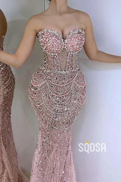 Elegant & Luxurious Pink Strapless Illusion Beaded Long Prom Dress Evening Gowns QP3170