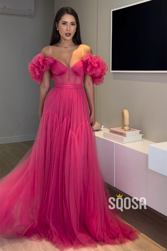 A-Line Off-Shoulder Tulle Hot Pink Long Prom Dress Formal Dress QP2622
