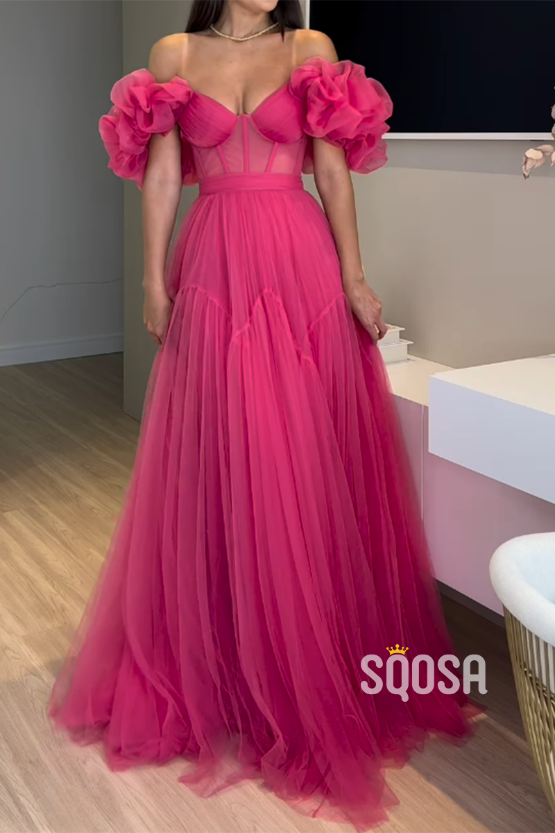 A-Line Off-Shoulder Tulle Hot Pink Long Prom Dress Formal Dress QP2622