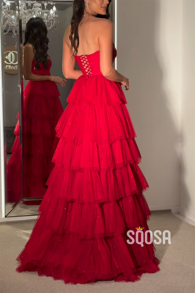 A-line Strapless Ball Gown Red Sparkly Long Prom Dress Evening Gowns QP2624