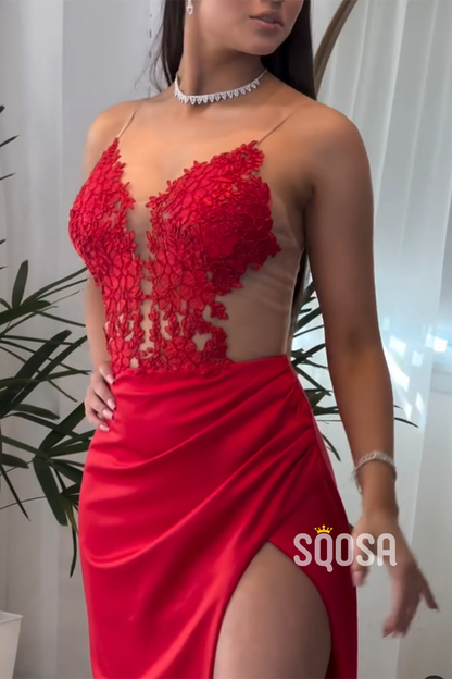 V-Neck Spaghetti Straps Appliques With Side Slit Party Prom Evening Dress QP3428