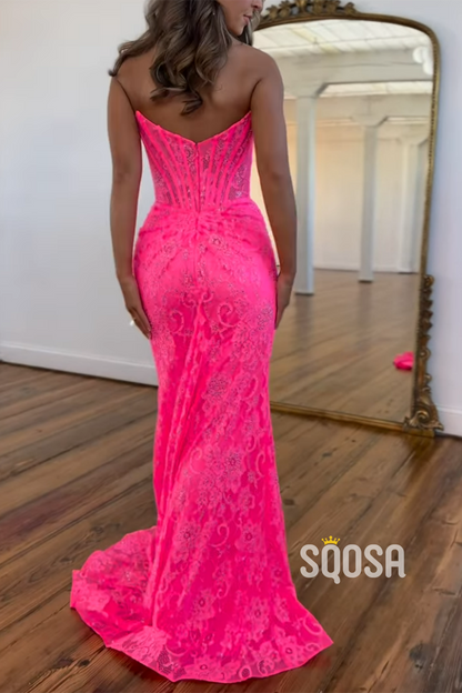 Bateau Strapless Pleats Lace Applique With Side Slit Train Party Prom Evening Dress QP3288