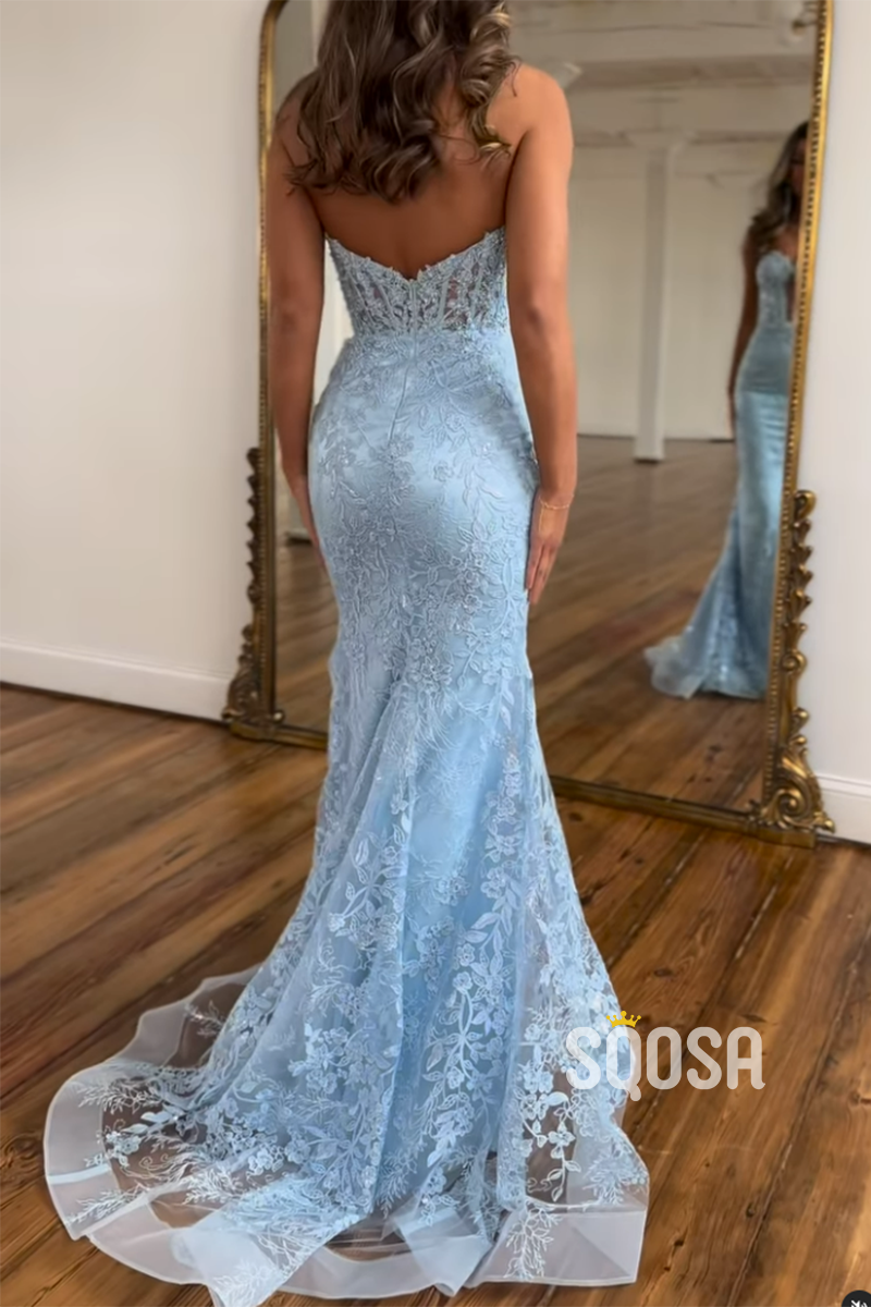 Sweetheart Strapless Trumpet Lace Applique Party Prom Evening Dress QP3289