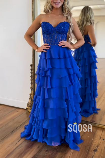 Sweetheart Strapless A-Line Appliques Tiered Party Prom Evening Dress  QP3388
