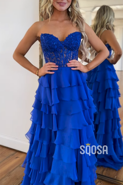 Sweetheart Strapless A-Line Appliques Tiered Party Prom Evening Dress  QP3388