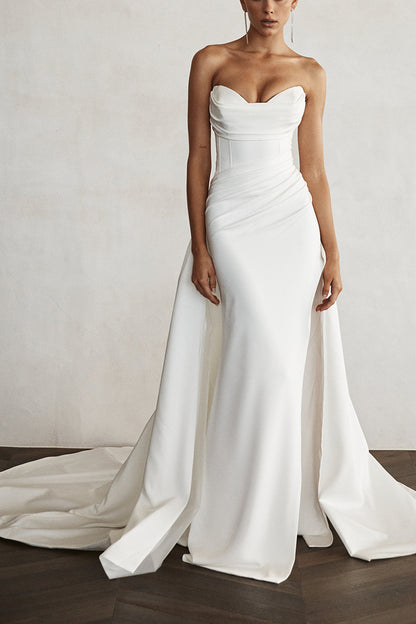Sheath Sweetheart Satin Pleats Side Slit Simple Wedding Dress QW0907