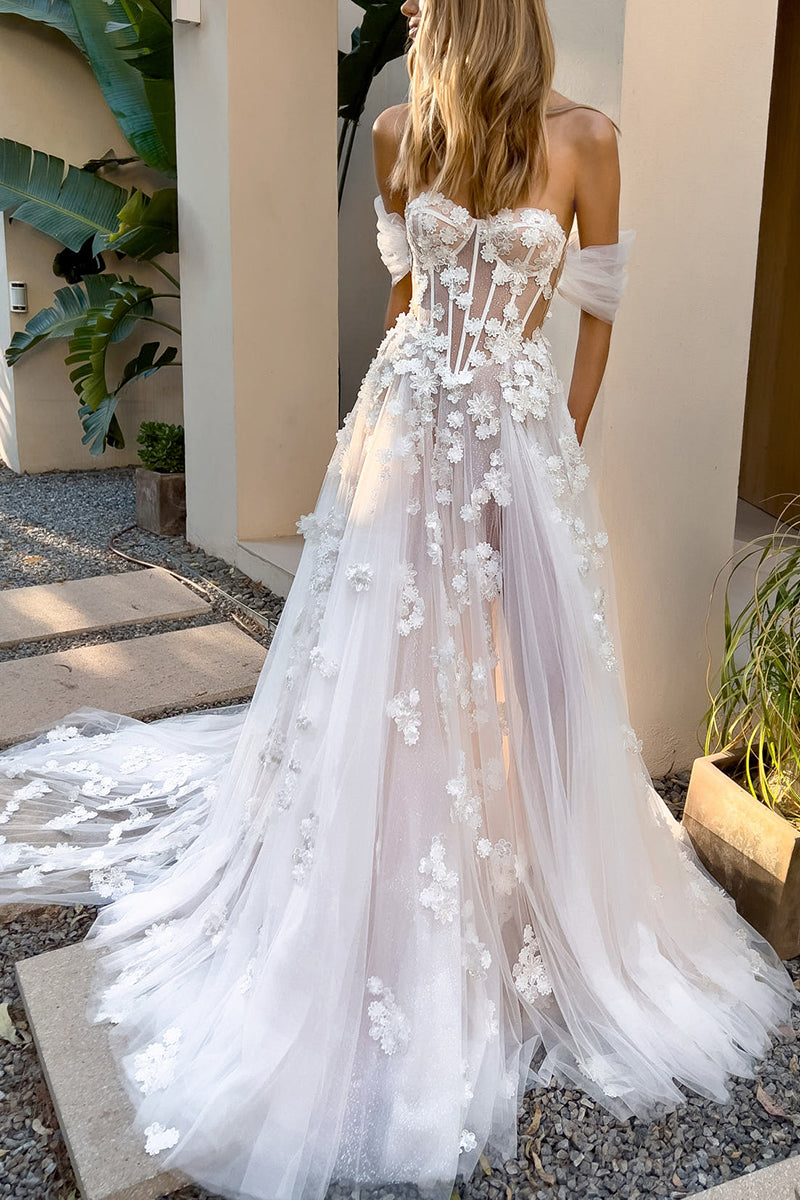A Line Sweetheart Lace Appliques Bohemian Wedding Dress QW0919