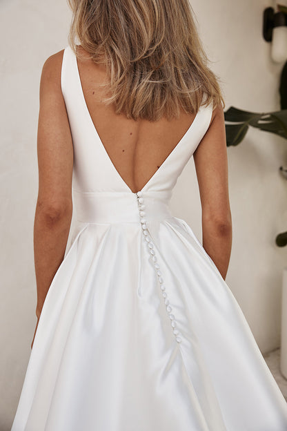 A Line V Neck Side Slit Satin Wedding Dress Bridal Gown QW0921