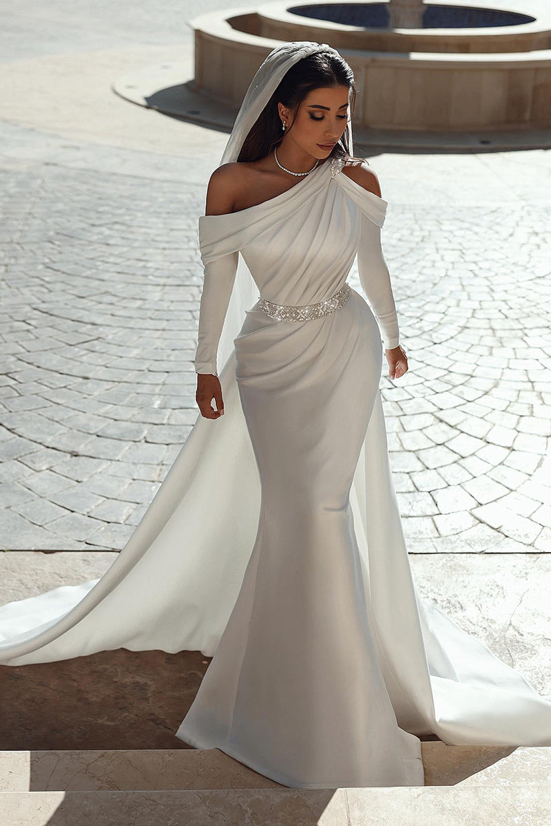 Unique One Shoulder Long Sleeves Satin Mermaid Wedding Dress QW0923