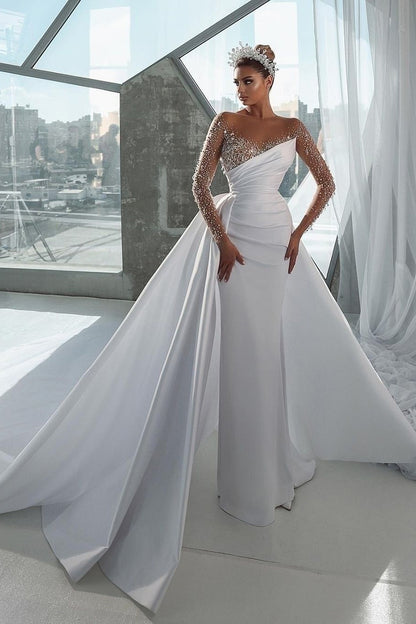 Illusion Neckline Luxury Beads Long Sleeves Wedding Dress QW0926