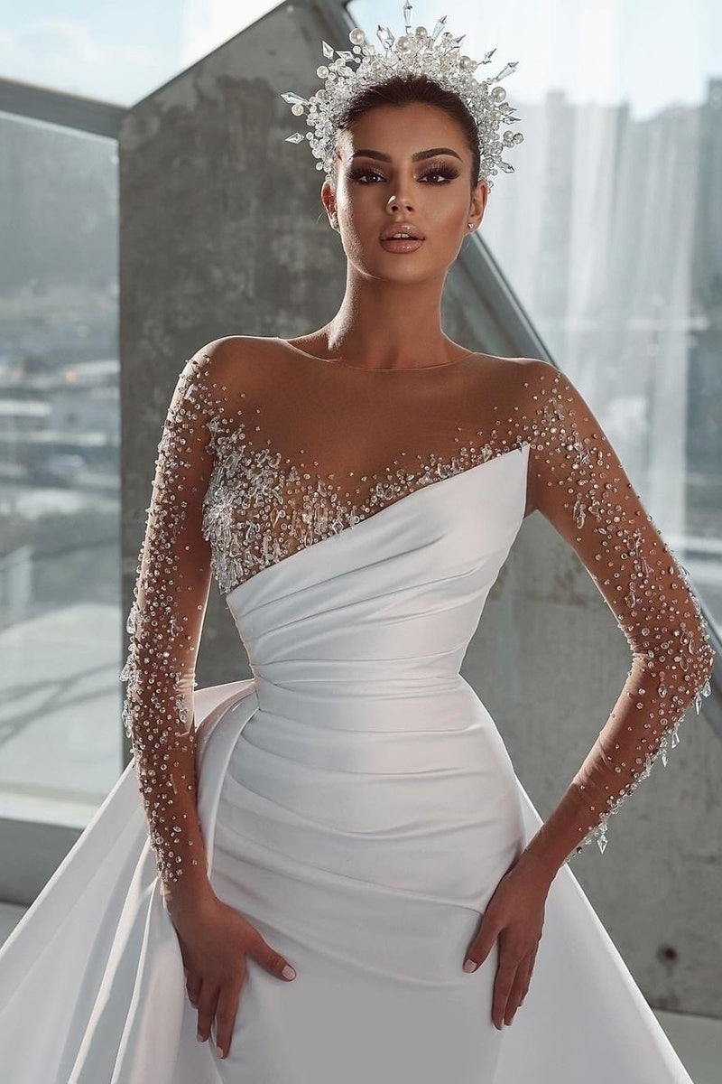 Illusion Neckline Luxury Beads Long Sleeves Wedding Dress QW0926