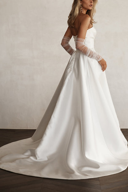 A Line Sweetheart Satin Pleated Simple Wedding Dress with Sleeves QW0936