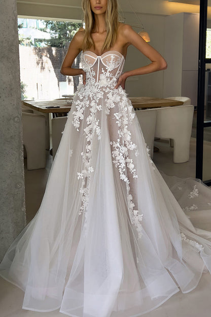 A Line Sweetheart Lace Appliques Bohemian Wedding Dress Bridal Gown QW0938