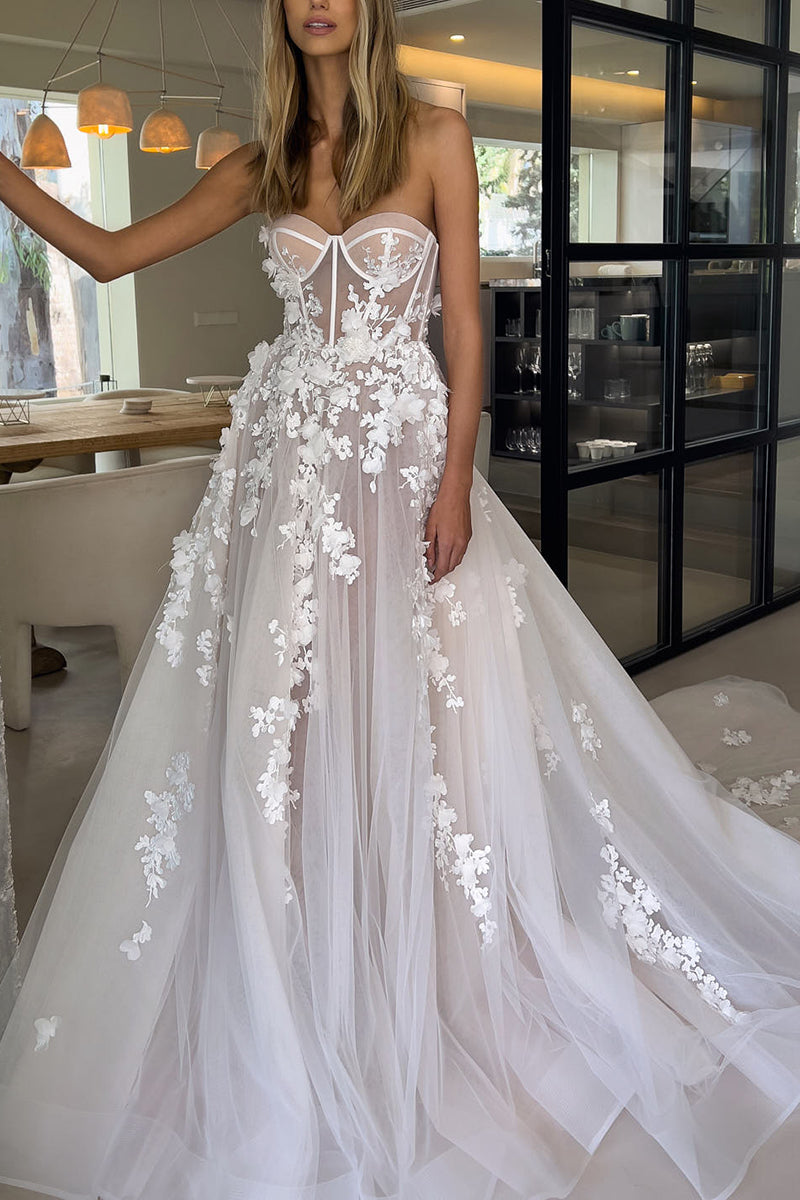 A Line Sweetheart Lace Appliques Bohemian Wedding Dress Bridal Gown QW0938