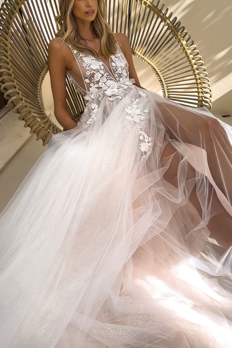 A Line Attractive V-Neck Lace Appliques Bohemian Wedding Dress Bridal Gown QW0939