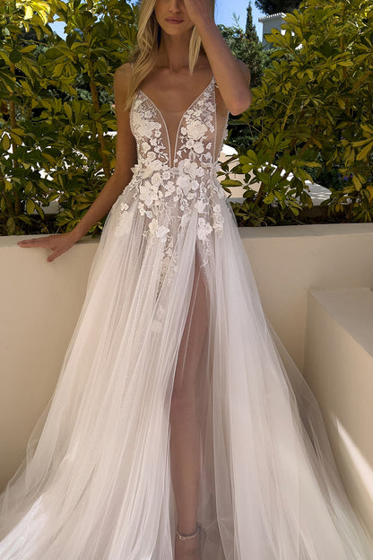 A Line Attractive V-Neck Lace Appliques Bohemian Wedding Dress Bridal Gown QW0939