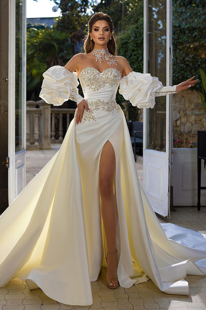 Sheath Lace Appliques Satin Pleats Long Sleeves Wedding Dress QW0941