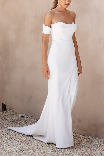 Sheath Strapless Satin Pleats Simple Bohemian Wedding Dress QW0953
