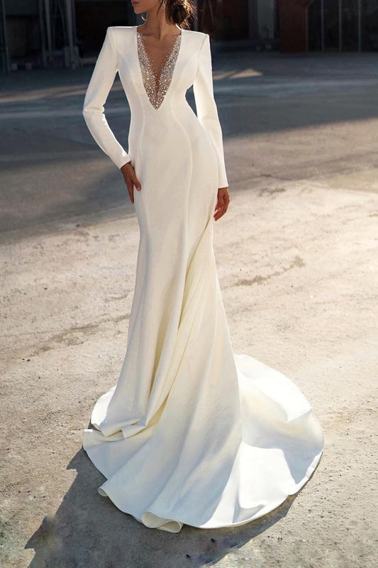 Illusion V-Neck Mermaid/Trumpet Wedding Dress with Sleeves Boho Bridal Gowns QW2586