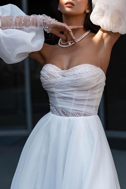 A Line Sweetheart Hall Casual Wedding Dress with Sleeves Pearls Rustic Bridal Gowns QW2587