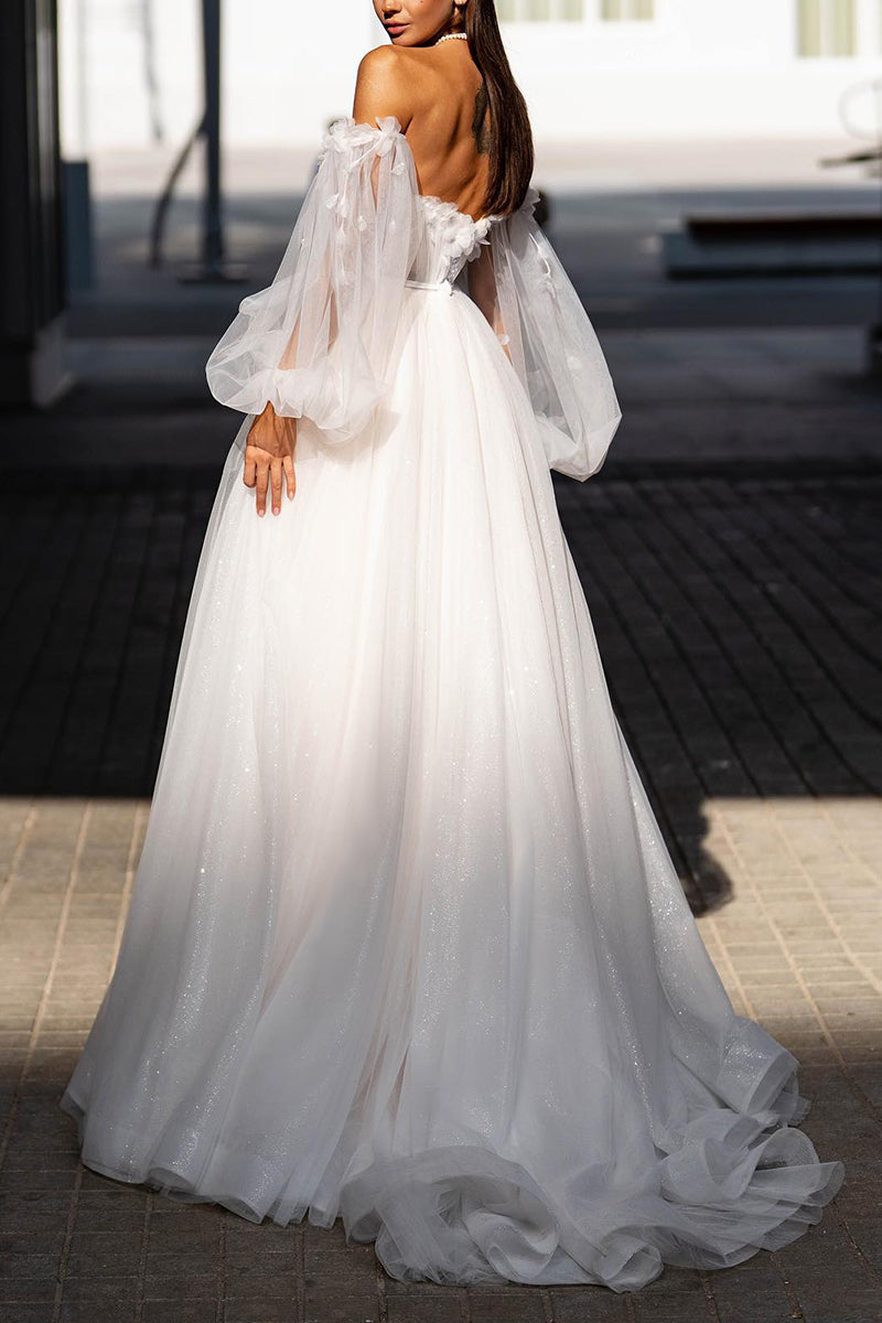 A Line Sweetheart Hall Casual Wedding Dress with Sleeves Appliques Rustic Bridal Gowns QW2611