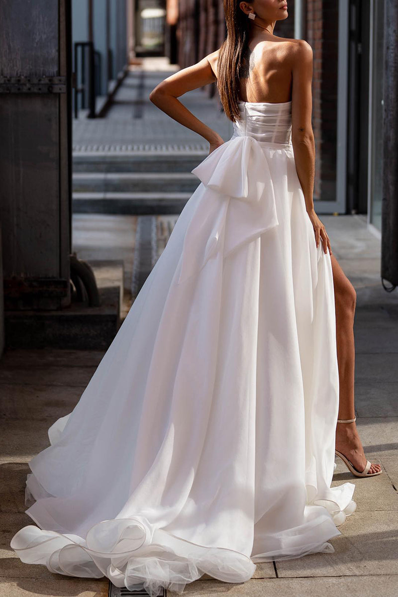 A Line Strapless Hall Casual Wedding Dress Pleats Split White Boho Bridal Gown QW2612