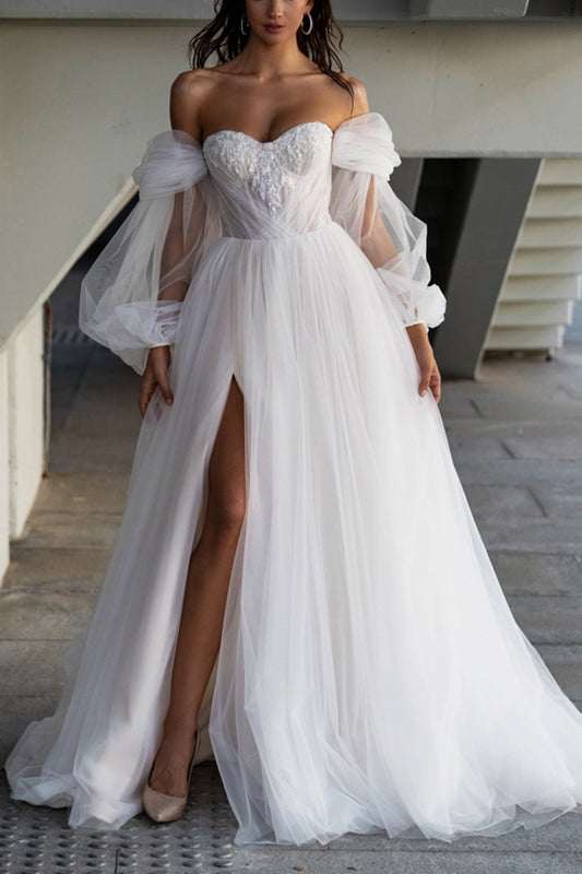 A Line Sweetheart Appliques Hall Casual Wedding Dress with Sleeves Rustic Bridal Gowns QW2613
