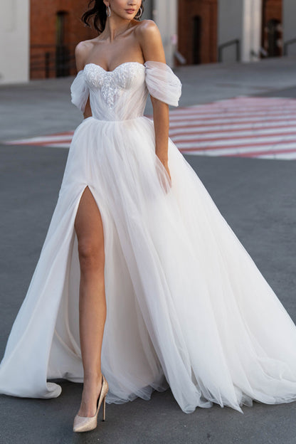 A Line Sweetheart Appliques Hall Casual Wedding Dress with Sleeves Rustic Bridal Gowns QW2613