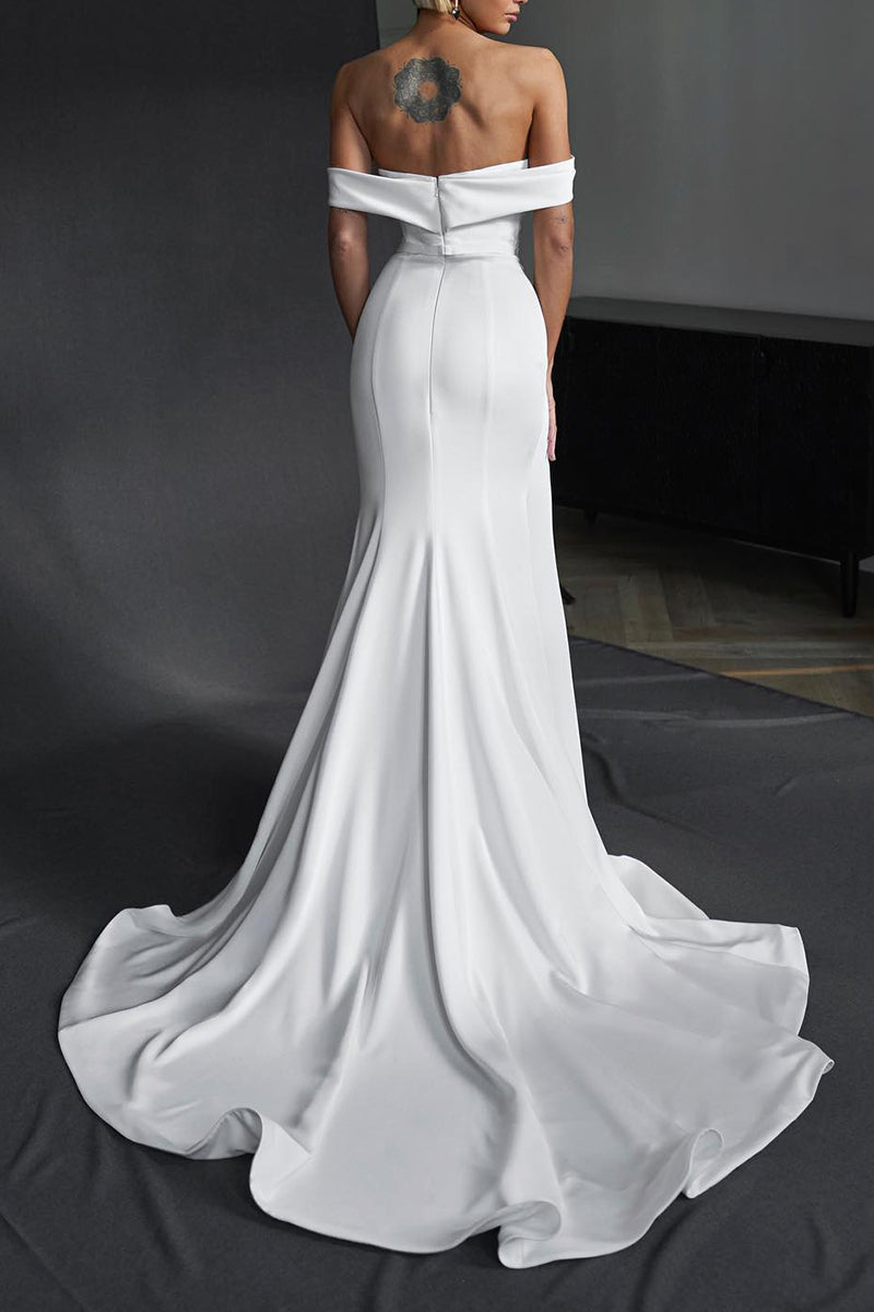 Mermaid/Trumpet Straple Wedding Dress Satin Pleated Side Slit Boho Bridal Gowns QW2618