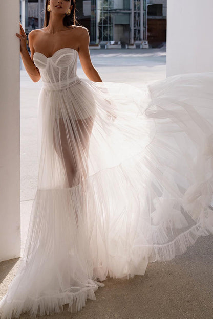 A Line Sweetheart Illusion Boho Wedding Dress Summer Bridal Gowns QW2619