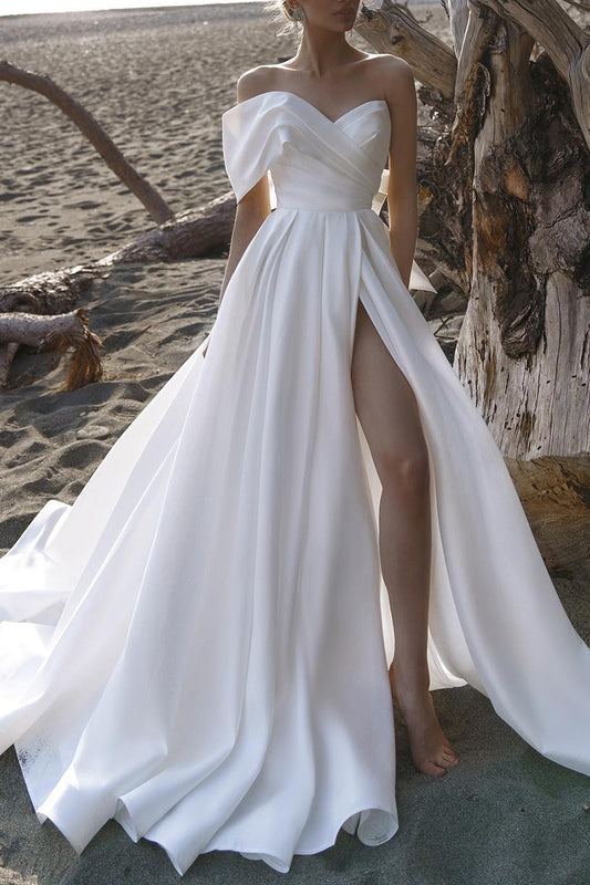 Hall Casual White Wedding Dress A LIne Off Shoulder Satin Pleated Simple Bridal Gowns QW2655