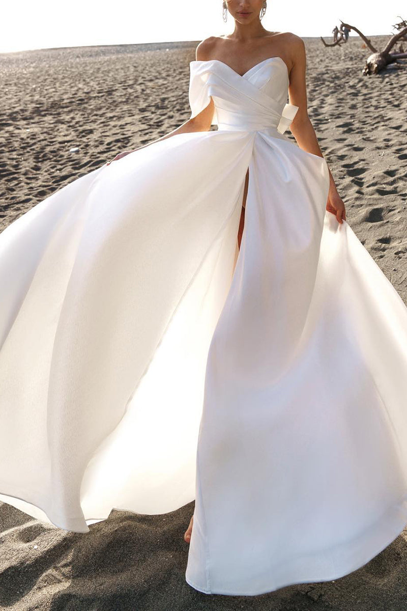 Hall Casual White Wedding Dress A LIne Off Shoulder Satin Pleated Simple Bridal Gowns QW2655