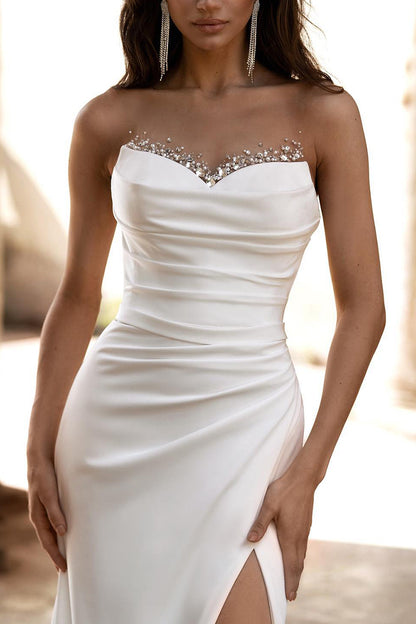 Mermaid/Trumpet Wedding Dress Illusion Neckline Beads Satin Pleats Bridal Gowns QW2660