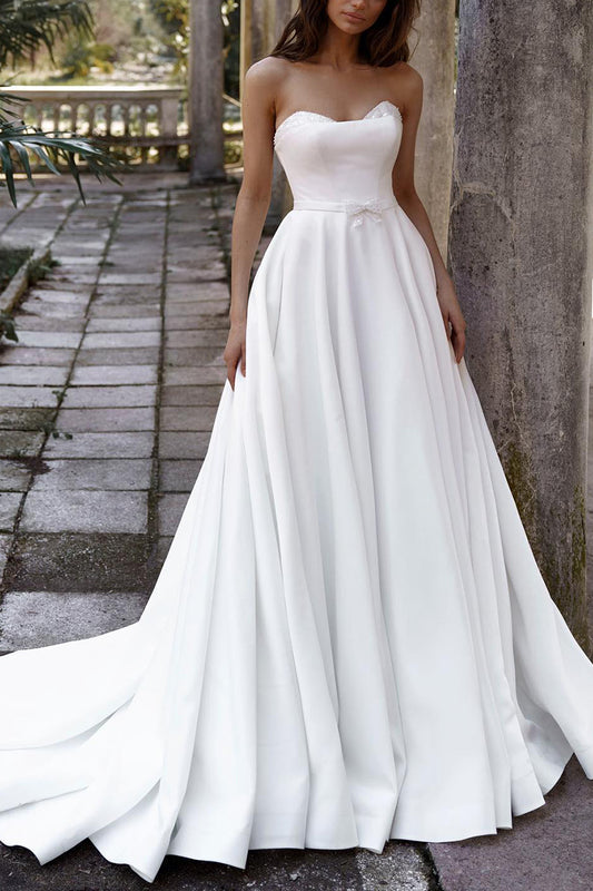 A Line Sweetheart White Satin Hall Casual Wedding Dress Rustic Bridal Gowns QW2661