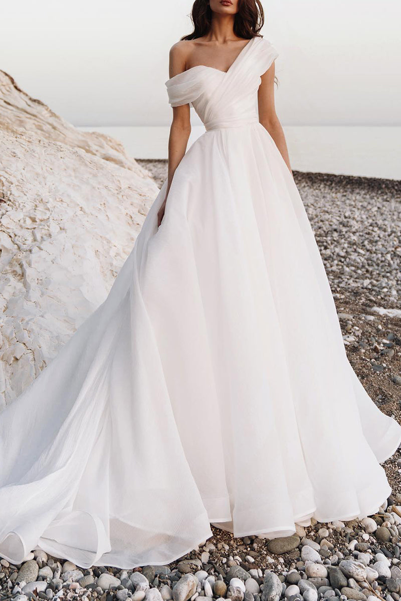 A Line One Shoulder Organza Pleats Hall Casual White Wedding Dress QW2662