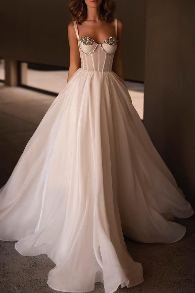 A Line Sweetheart Hall Casual Wedding Dress Beads Simple Bridal Gown QW2668