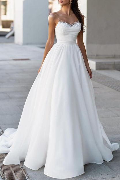 Illusion Neckline Hall Casual Wedding Dress Organza Pearls Bridal Gowns QW2669