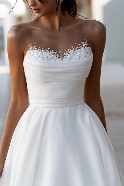 Illusion Neckline Hall Casual Wedding Dress Organza Pearls Bridal Gowns QW2669