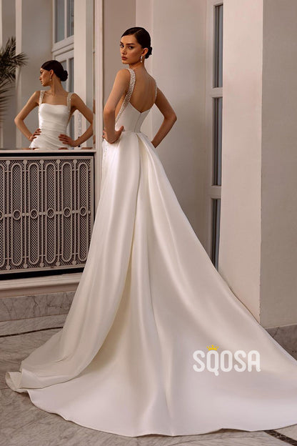 A-Line Square Pearls Satin Casual Wedding Dress Bridal Gowns With Train QW8049