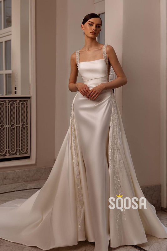 A-Line Square Pearls Satin Casual Wedding Dress Bridal Gowns With Train QW8049