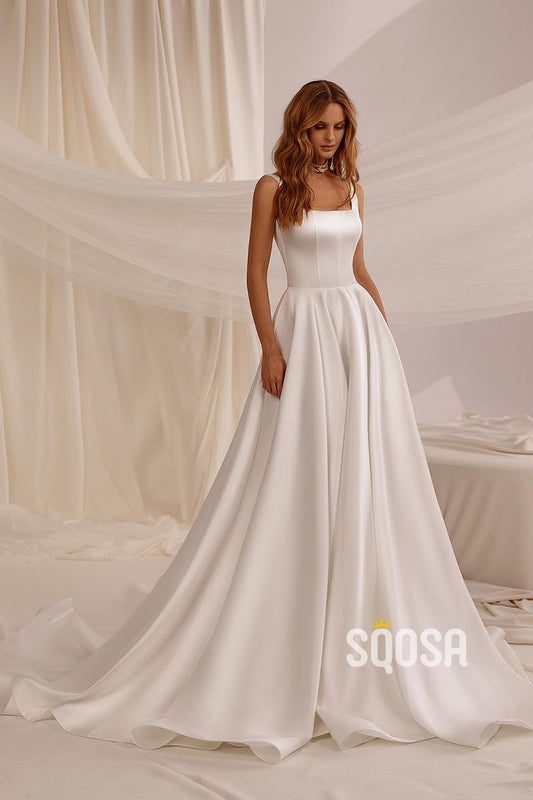 A-Line Straps Satin Casual Wedding Dress Bridal Gowns With Train QW8059