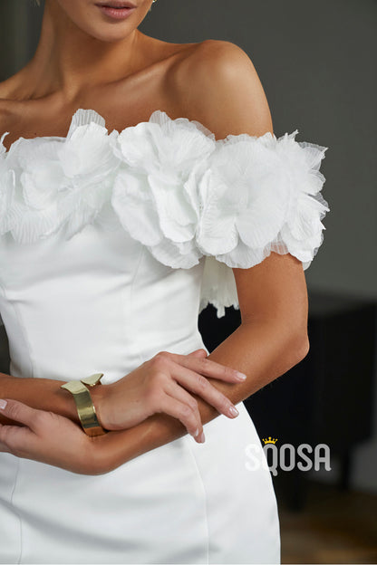 Off-Shoulder Floral Satin Casual Short Boho Wedding Dress Bridal Gowns QW8088