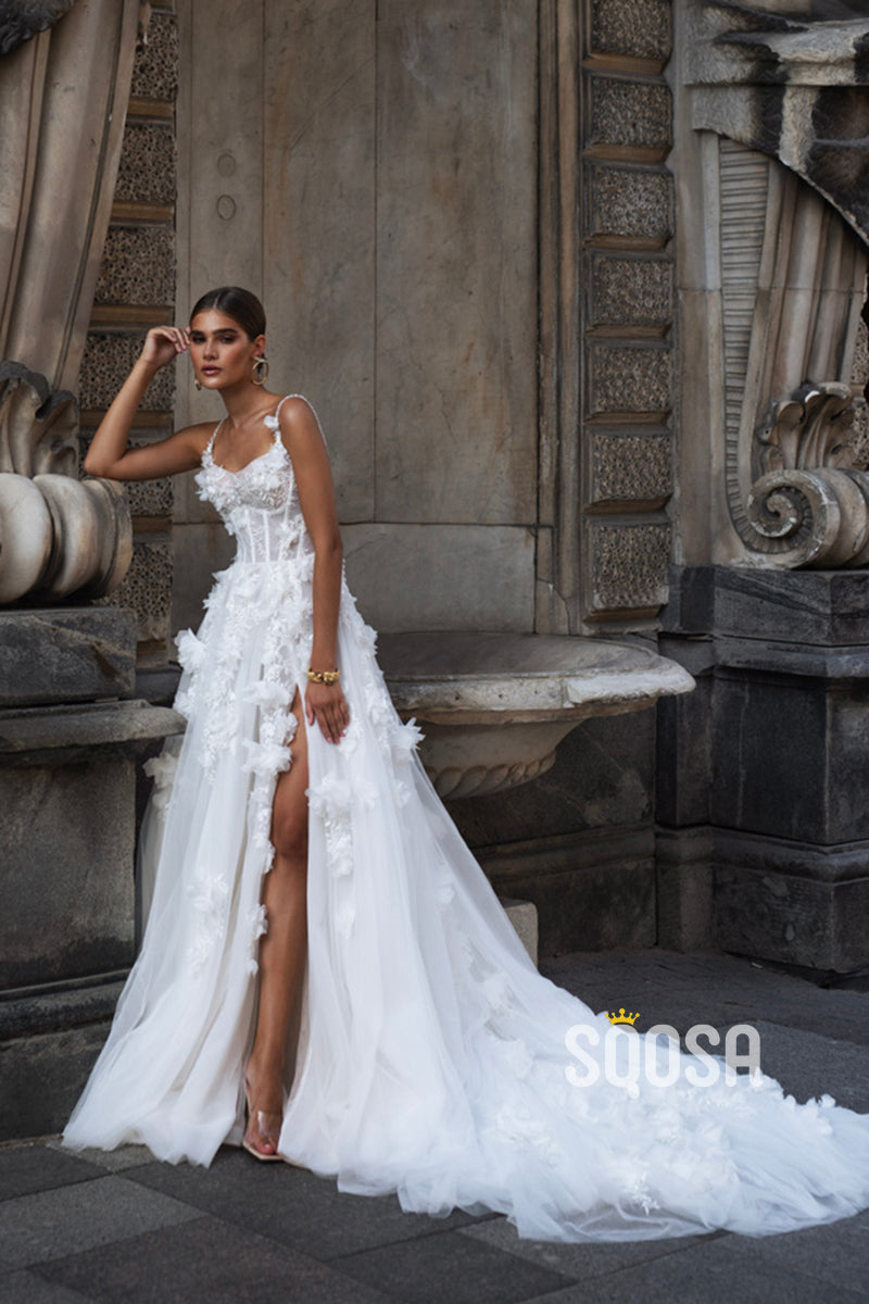 Luxurious A-Line Floral Applique Straps Wedding Dress Bridal Gowns With Train QW8089