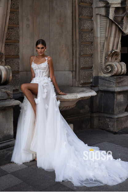 Luxurious A-Line Floral Applique Straps Wedding Dress Bridal Gowns With Train QW8089