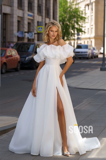 Off-Shoulder A-Line Tulle Casual Wedding Dress Bridal Gowns With Split QW8090